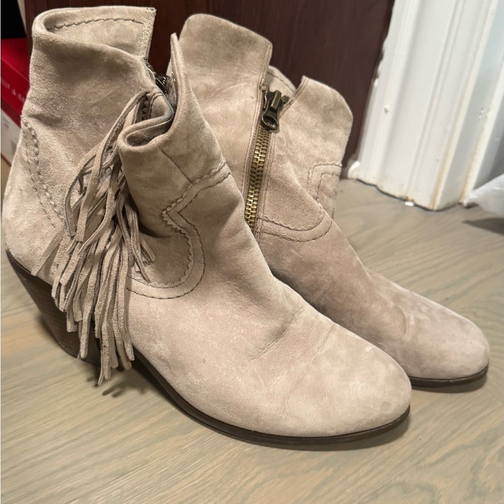 Sam Edelman Fringe Suede Ankle Boots - Cream